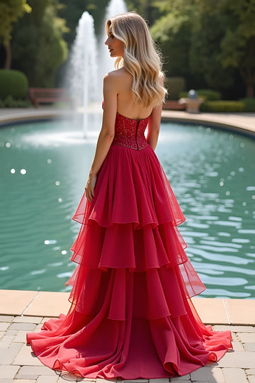 Błyszcząca Czerwona Szyfon Księżniczkowa Sukienki Na Studniówke z Koralikami